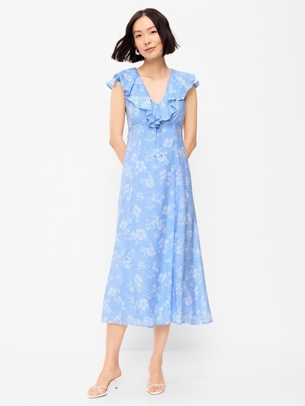 NWT Old Navy Floral Ruffle Neck fit and flare Midi Dress medium petite MP